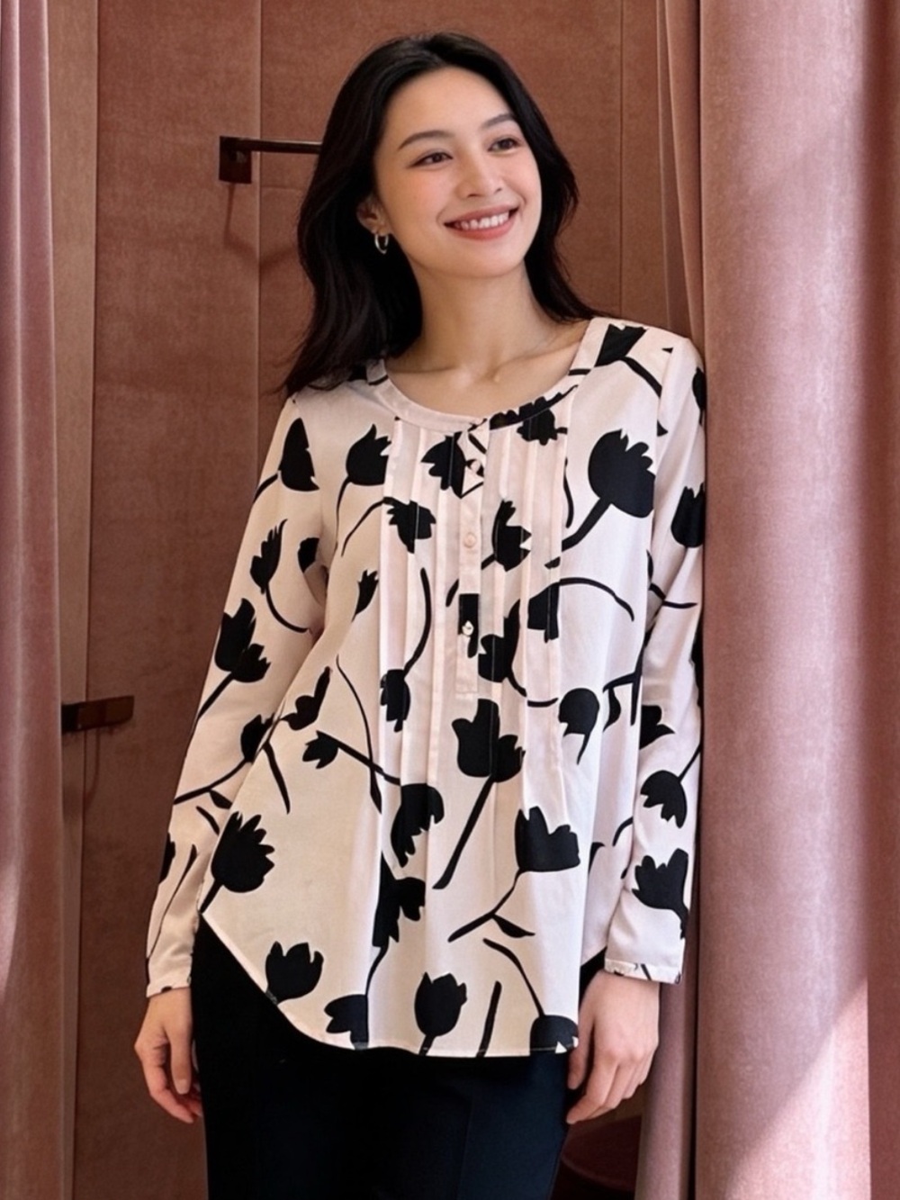 LOFT Pink Black Floral Blouse XS Pleated Long Sleeve Flowy Top